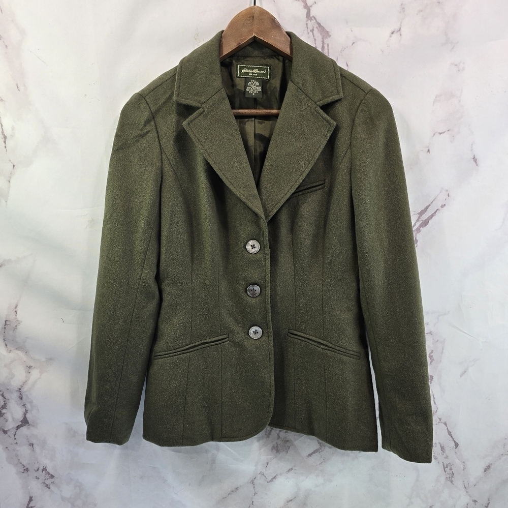 Eddie Bauer Blazer Womens Medium Petite Army Olive Green Wool Vintage 3 Button